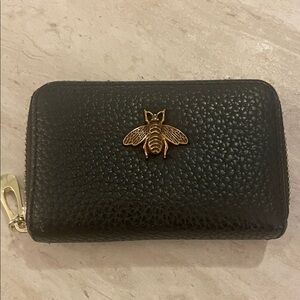 Black Leather Wallet with Gold Bee Accent